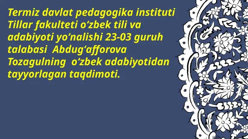 Abdugʻafforova Tozagulning oʻzbek adabiyotidan taʼyinlagan taqdimot