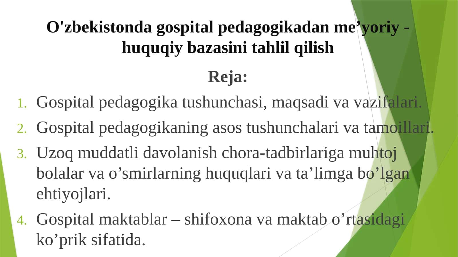 O'zbekistonda gospital pedagogikadan me'yoriy - huquqiy bazasini tahlil qilish