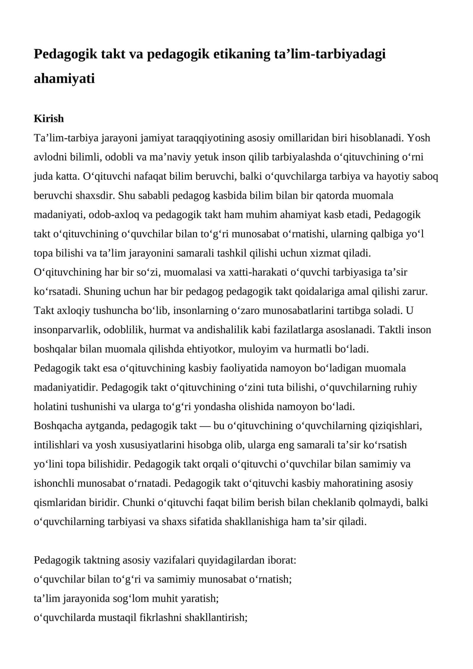 Pedagogik takt va pedagogik etikaning ta’lim-tarbiyadagi ahamiyati