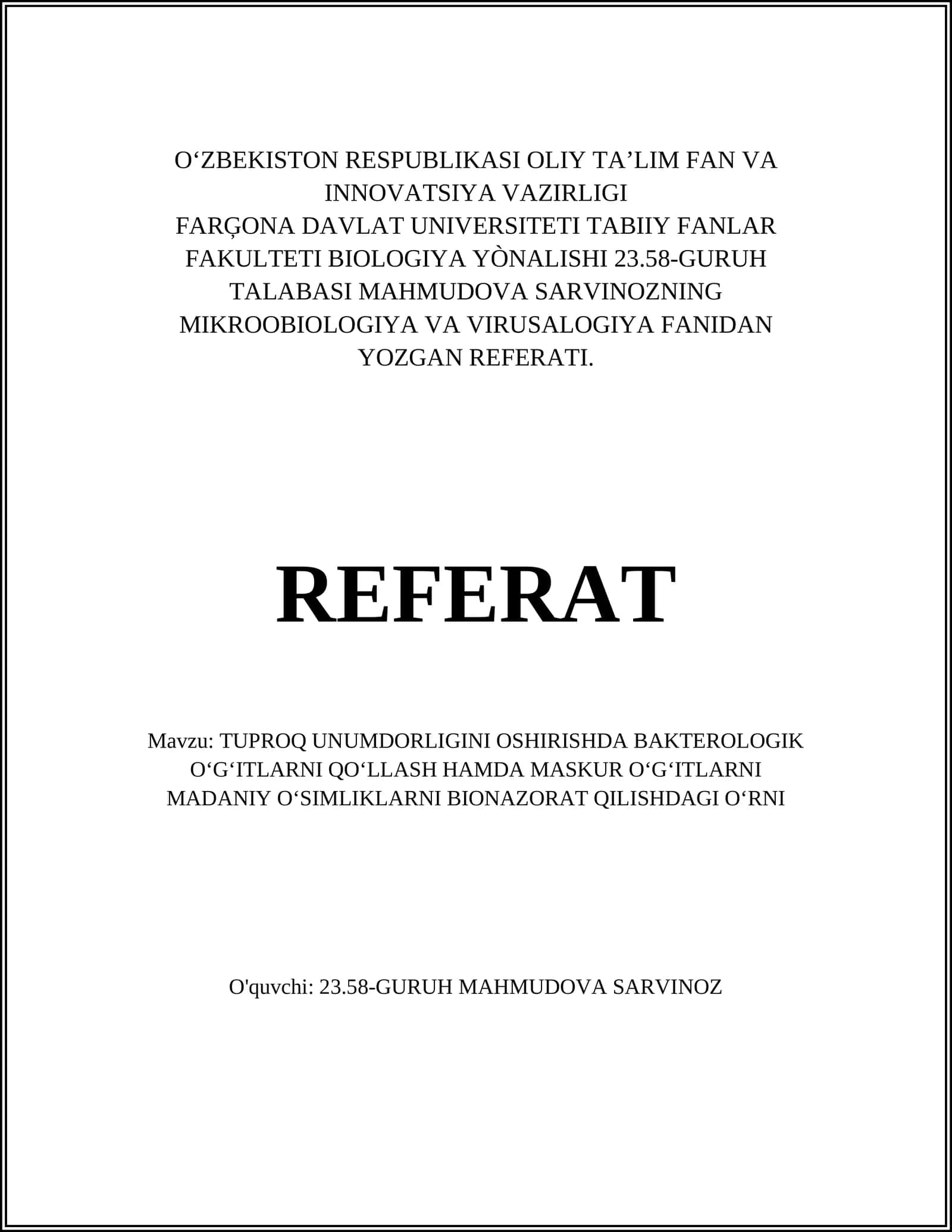 TUPROQ UNUMDORLIGINI OSHIRISHDA BAKTEROLOGIK OʻGʻITLARNI QOʻLLASH
