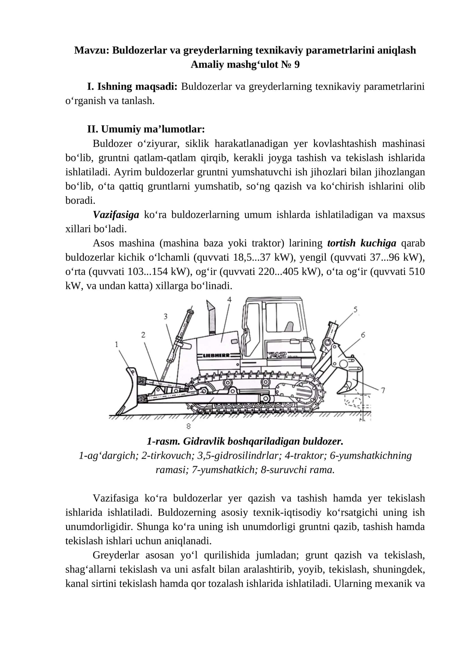 Buldozerlar va greyderlarning texnikaviy parametrlarini aniqlash