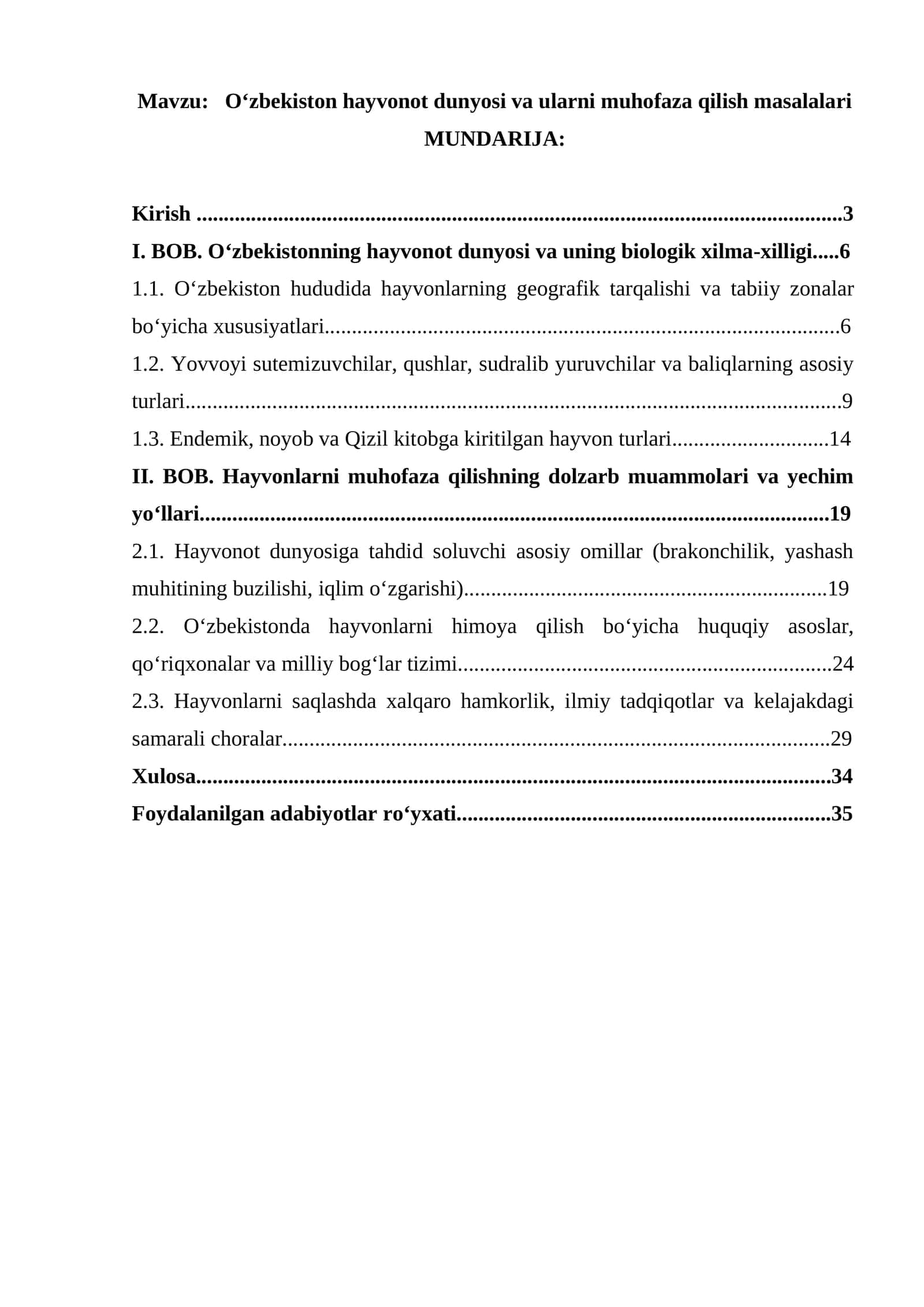 Oʻzbekiston hayvonot dunyosi va ularni muhofaza qilish masalalari