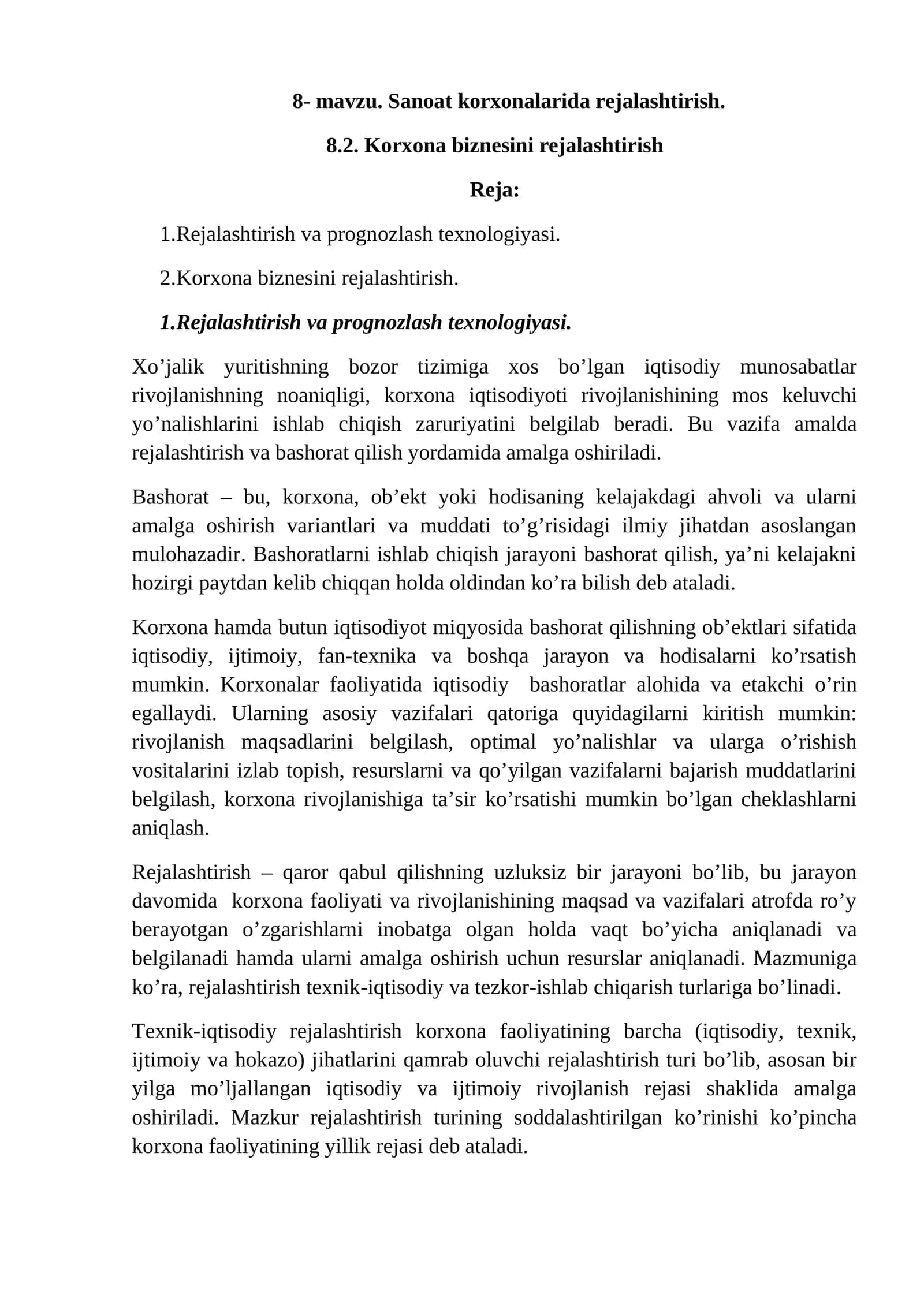8- mavzu. Sanoat korxonalarida rejalashtirish