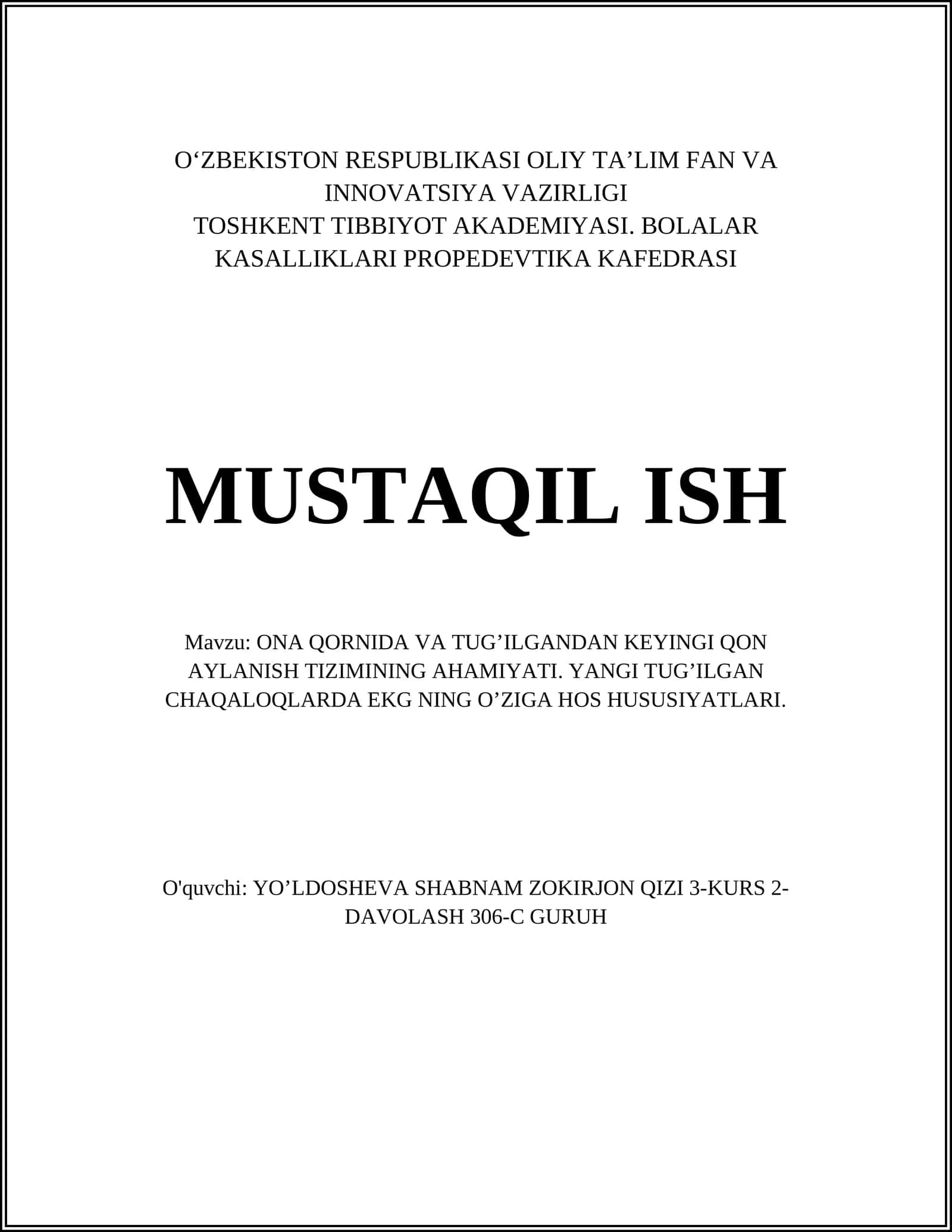 ONA QORNIDA VA TUG’ILGANDAN KEYINGI QON AYLANISH TIZIMINING AHAMIYATI