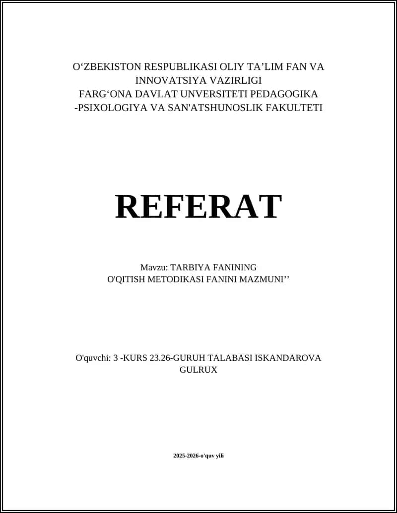 TARBIYA FANINING O'QITISH METODIKASI