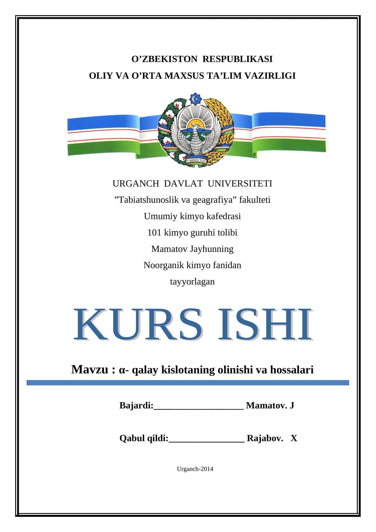 α- qalay kislotaning olinishi va hossalari