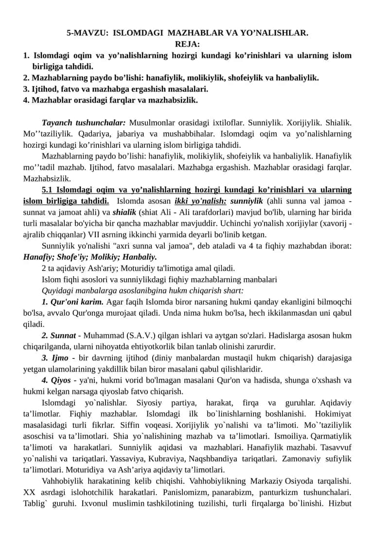 ISLОMDAGI MAZHABLAR VA YO’NALISHLAR