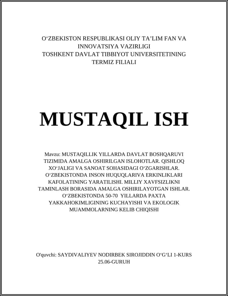 MUSTAQILLIK YILLARDA DAVLAT BOSHQARUVI TIZIMIDA AMALGA OSHIRILGAN ISLOHOTLAR