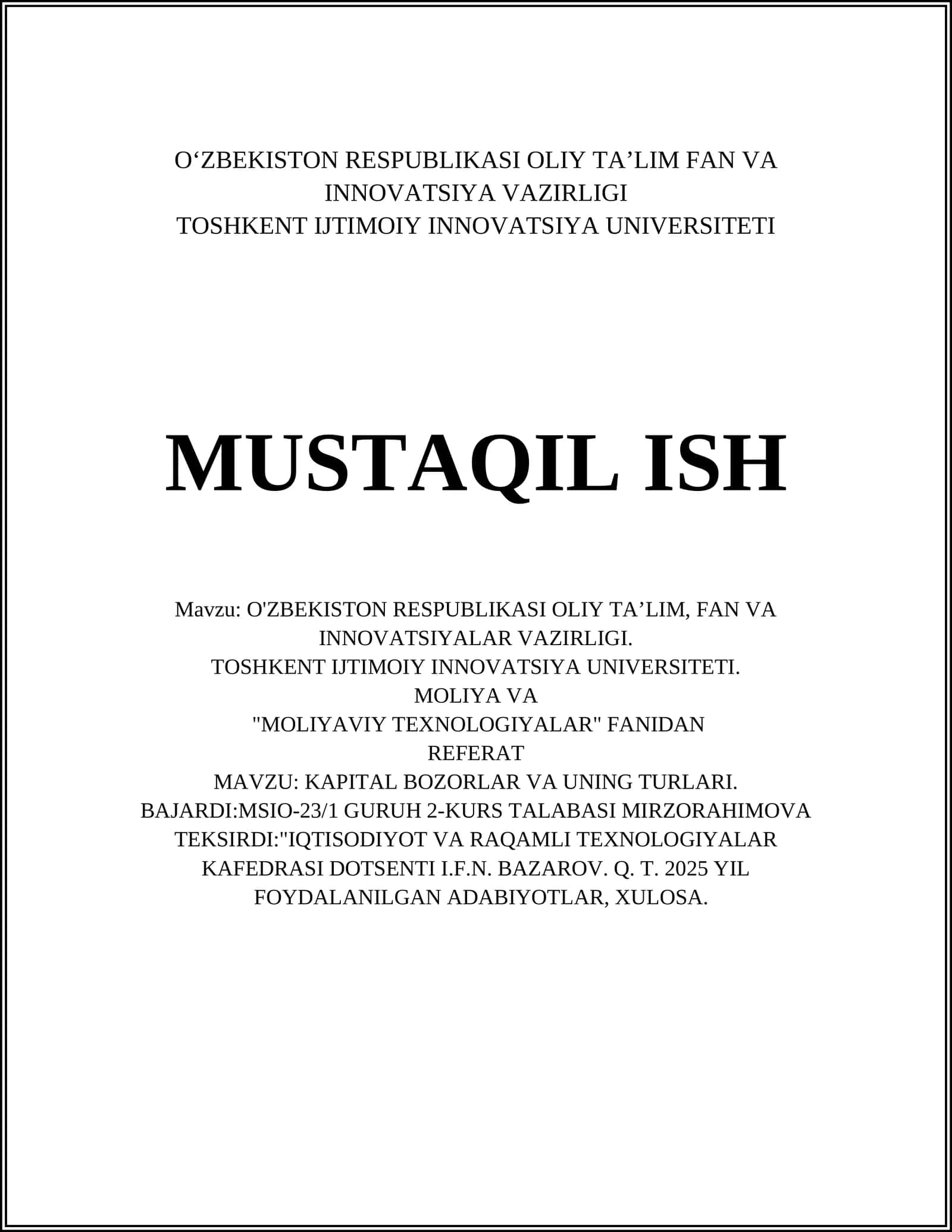 KAPITAL BOZORLARI VA UNING TURLARI