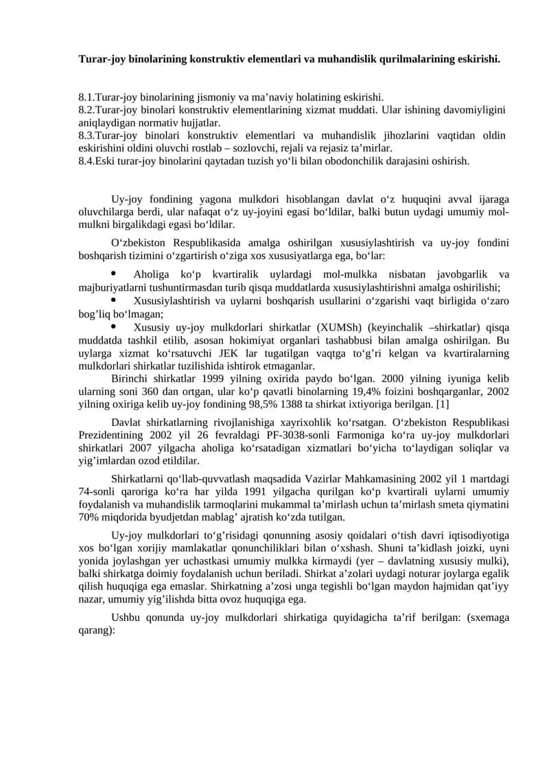 Turar-joy binolarining konstruktiv elementlari va muhandislik qurilmalarining eskirishi