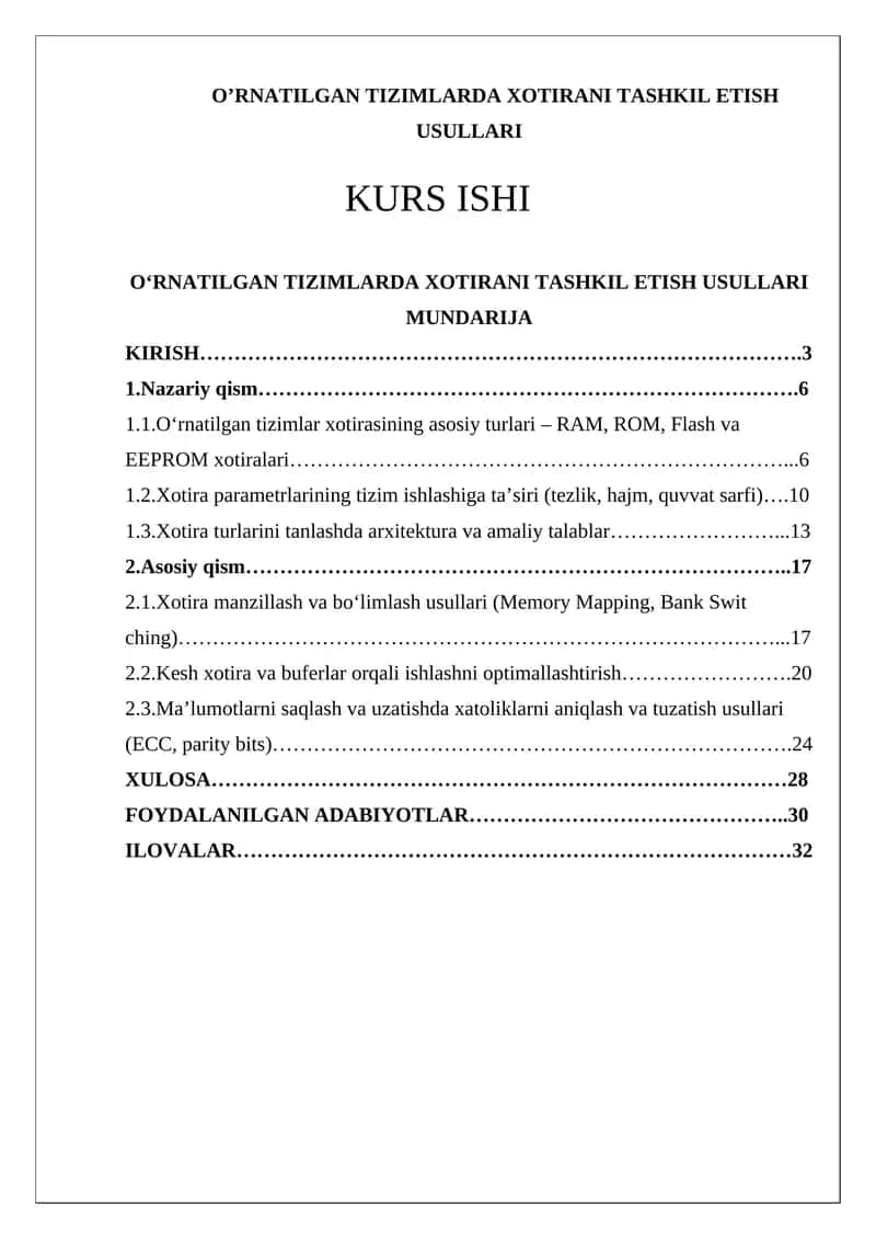 O’RNATILGAN TIZIMLARDA XOTIRANI TASHKIL ETISH USULLARI