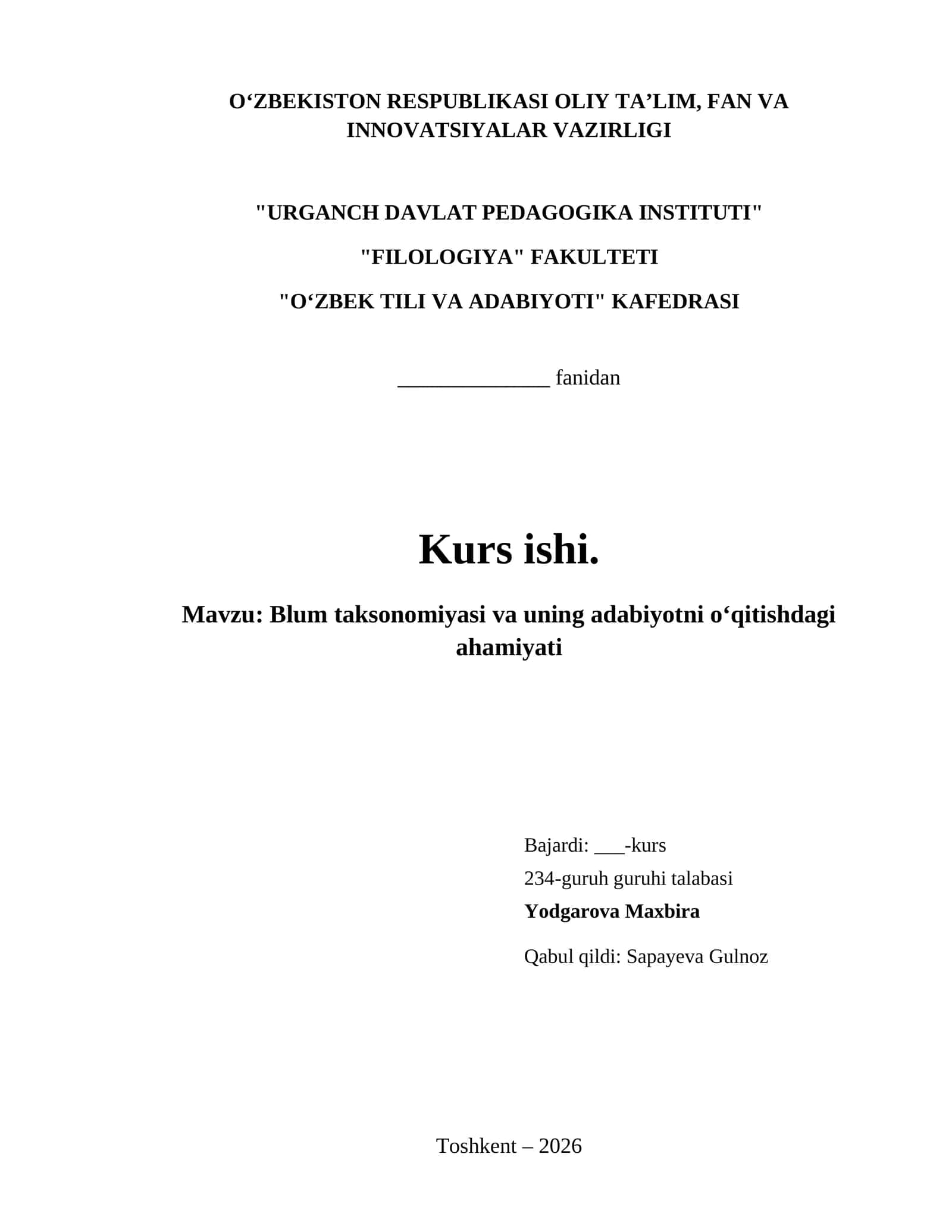 Blum taksonomiyasi va uning adabiyotni o‘qitishdagi ahamiyati