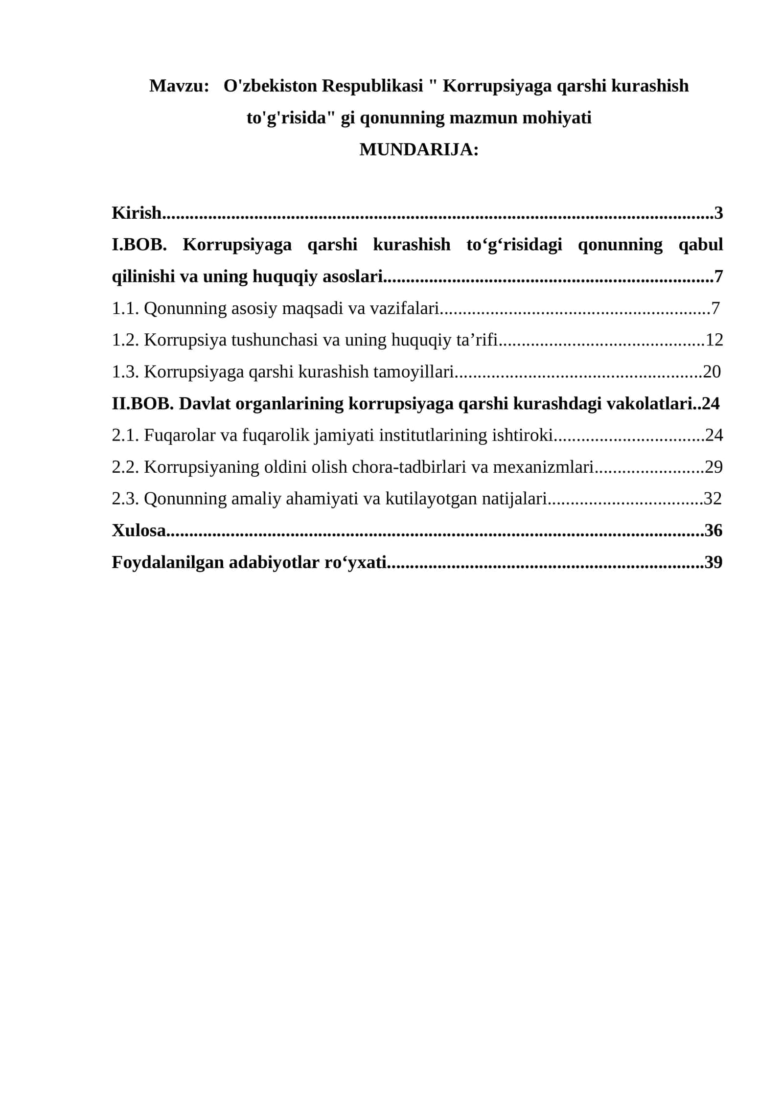 O'zbekiston Respublikasi " Korrupsiyaga qarshi kurashish to'g'risida" gi qonunning mazmun mohiyati
