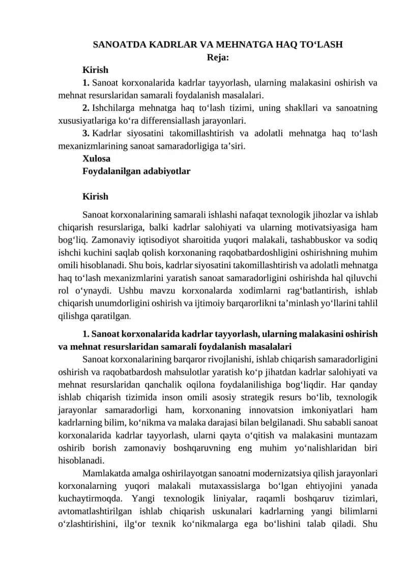 SANOATDA KADRLAR VA MEHNATGA HAQ TO‘LASH