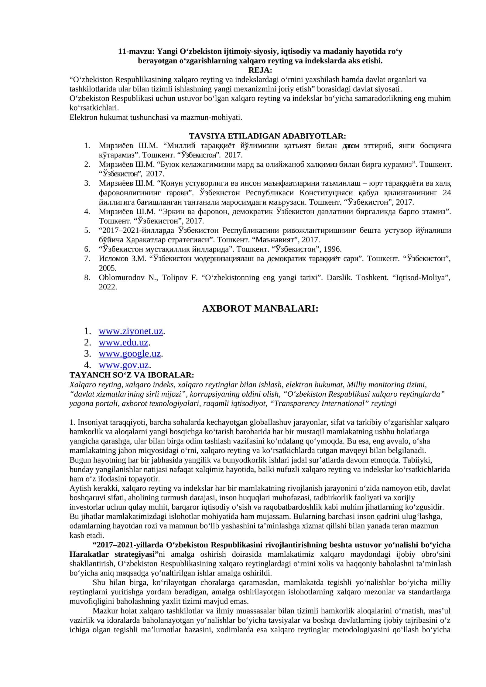 Yangi O‘zbekiston ijtimoiy-siyosiy, iqtisodiy va madaniy hayotida roʻy berayotgan oʻzgarishlar