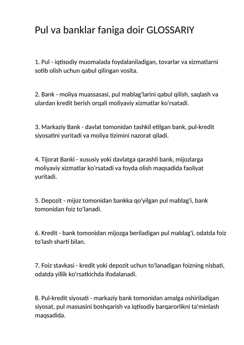 Pul va banklar faniga doir GLOSSARIY