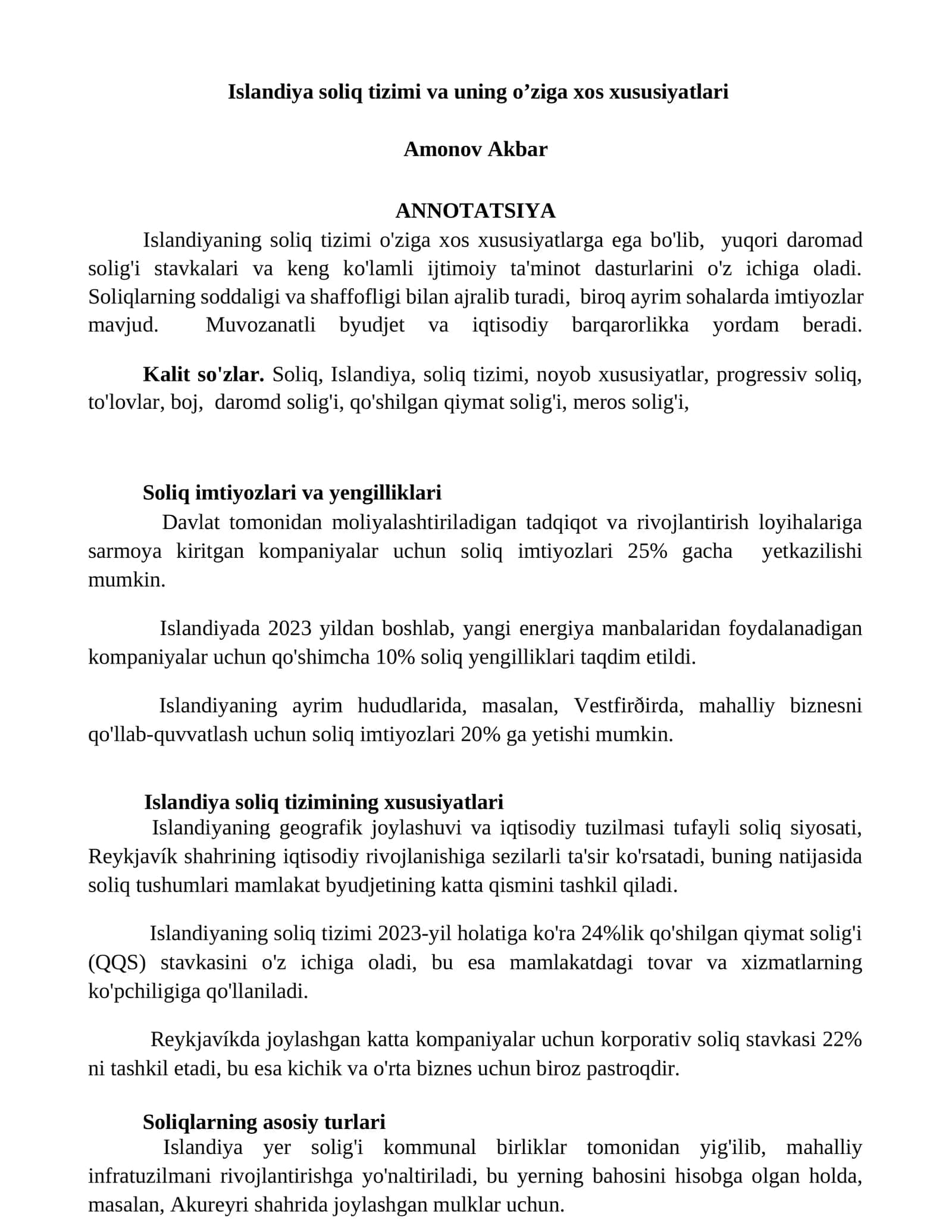 Islandiya soliq tizimi va uning o’ziga xos xususiyatlari