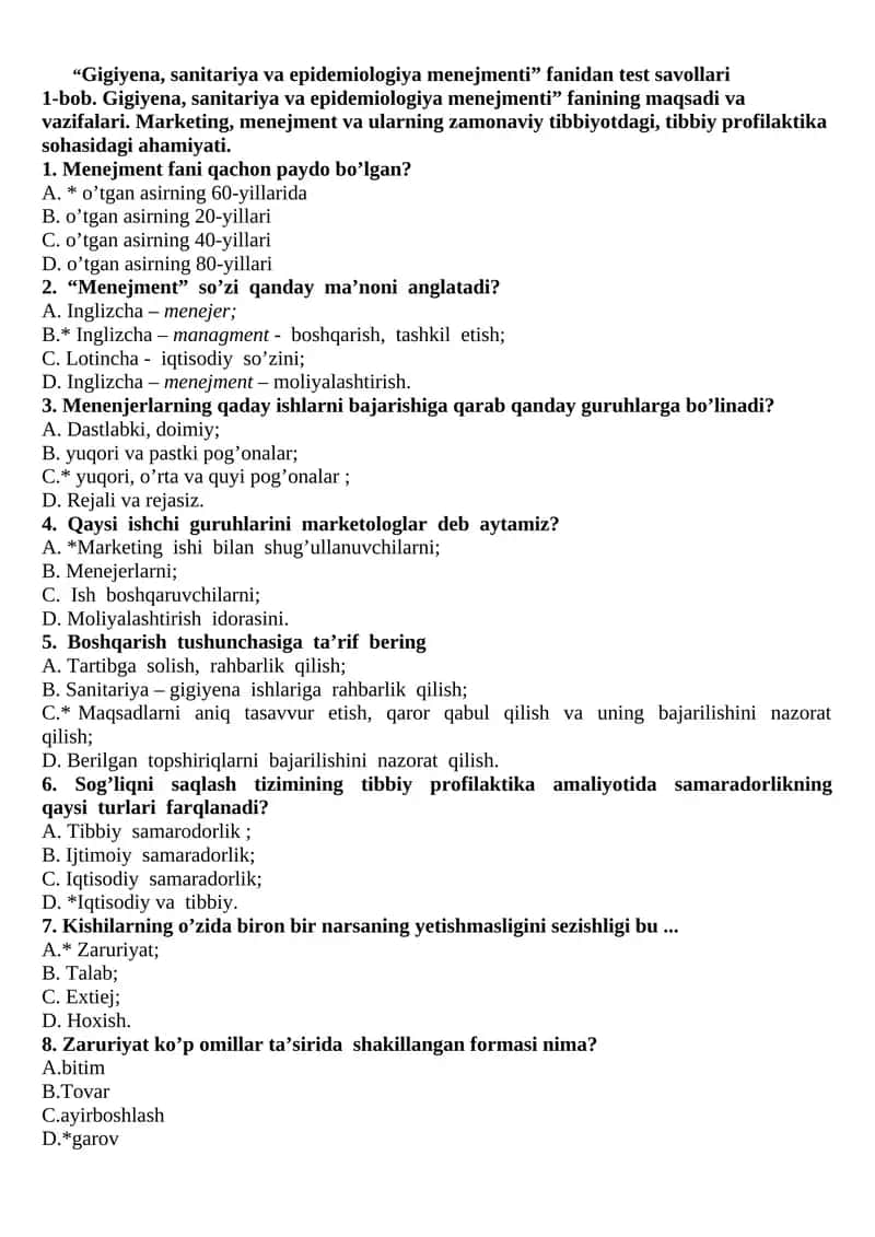 Gigiyena, sanitariya va epidemiologiya menejmenti fanidan test savollari
