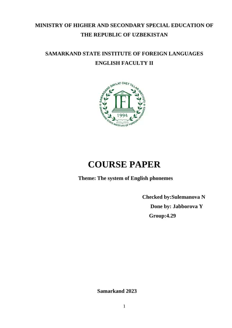 Course Paper: The system of English phonemes