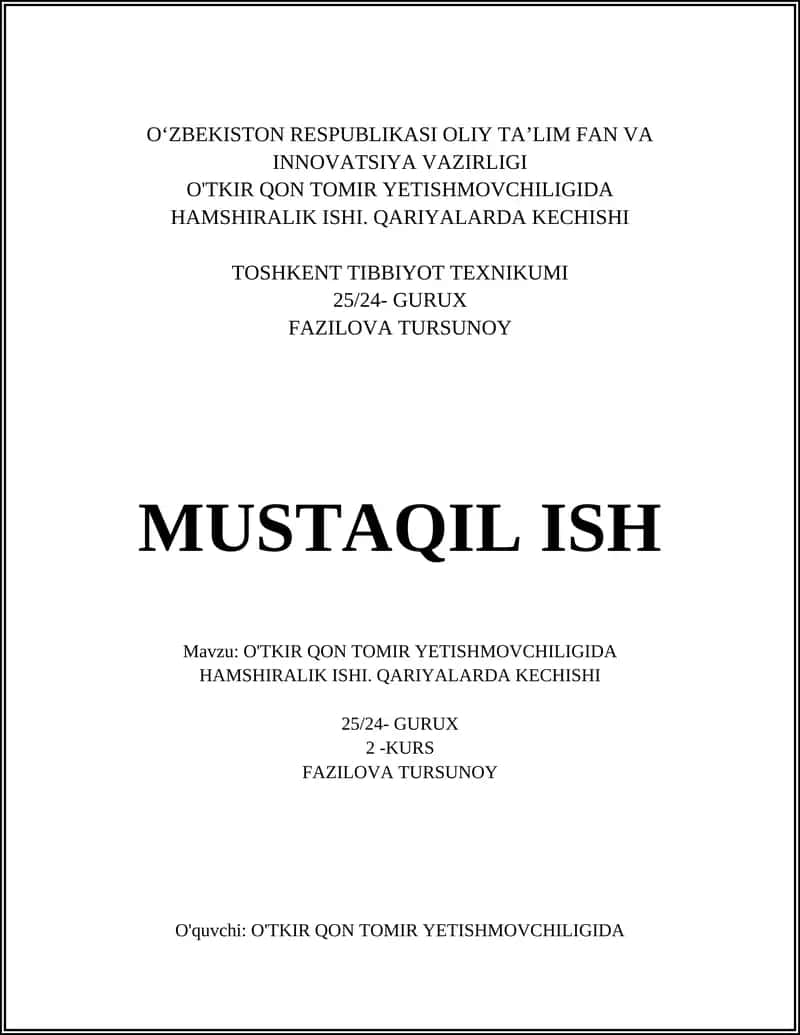 O'TKIR QON TOMIR YETISHMOVCHILIGIDA HAMSHIRALIK ISHI. QARIYALARDA KECHISHI