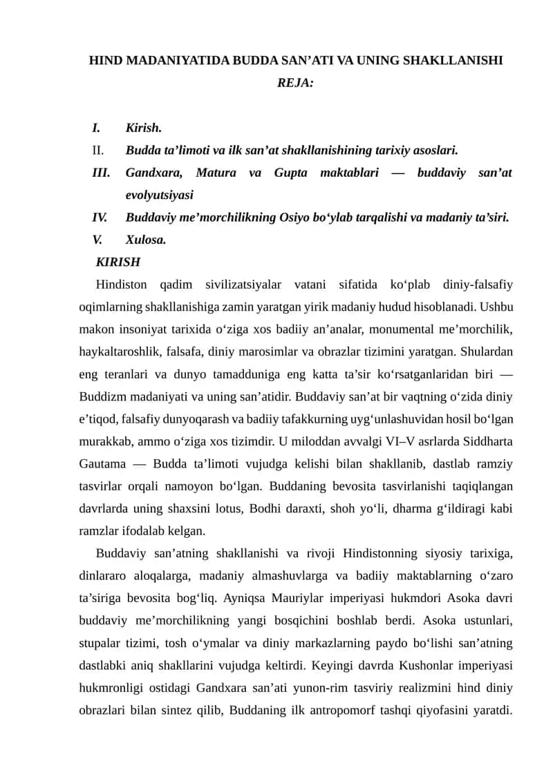 HIND MADANIYATIDA BUDDA SAN’ATI VA UNING SHAKLLANISHI