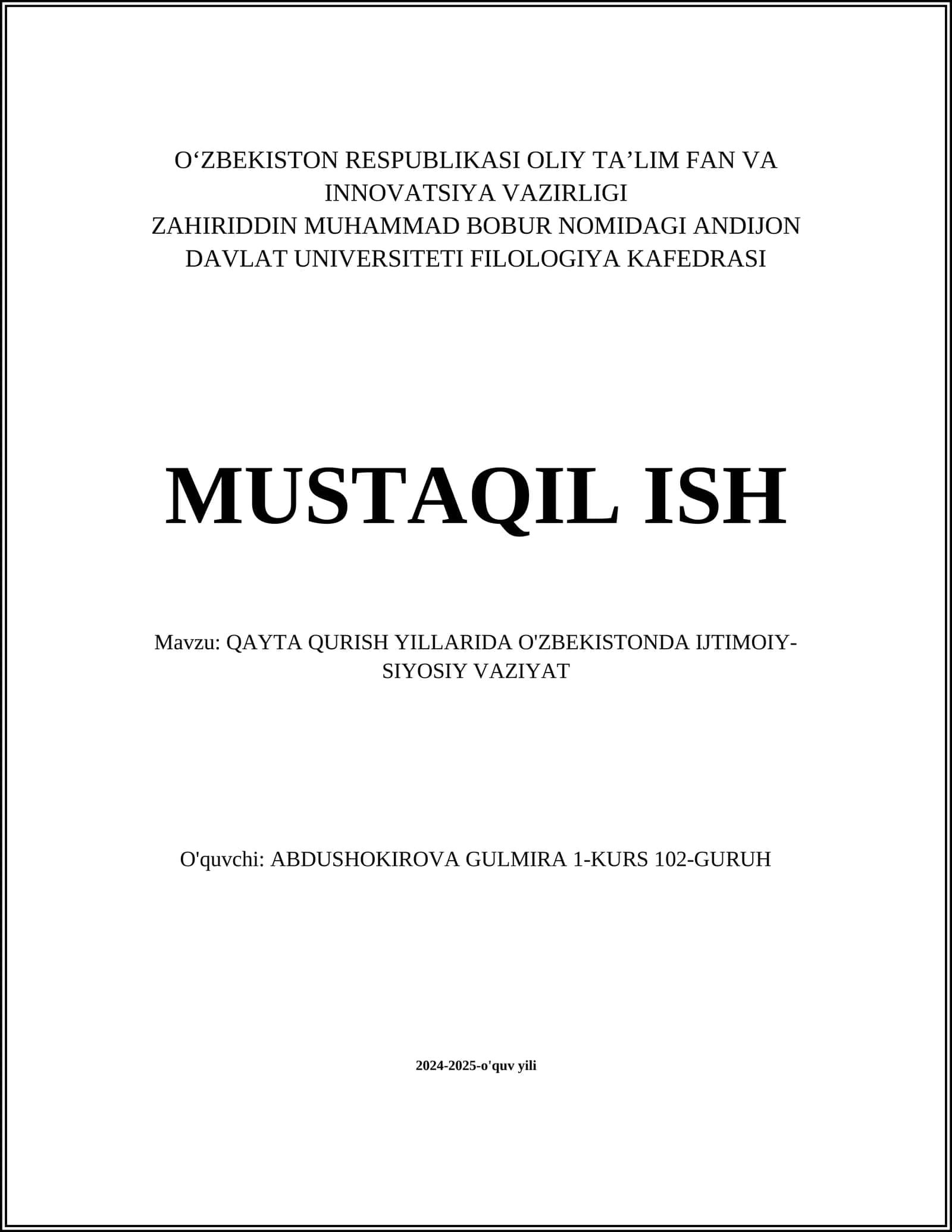QAYTA QURISH YILLARIDA O'ZBEKISTONDA IJTIMOIY-SIYOSIY VAZIYAT