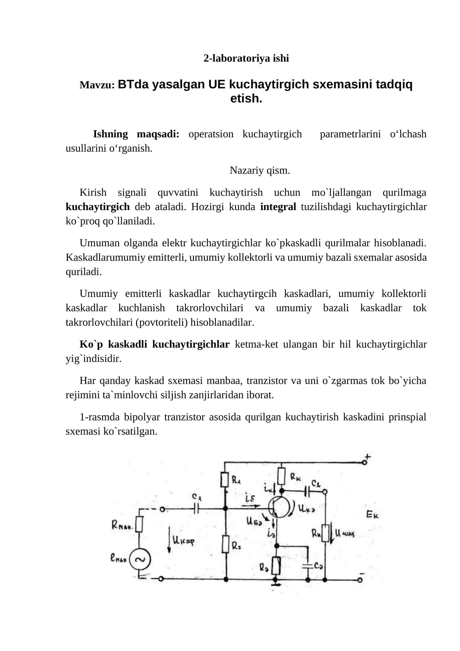 BTda yasalgan UE kuchaytirgich sxemasini tadqiq etish