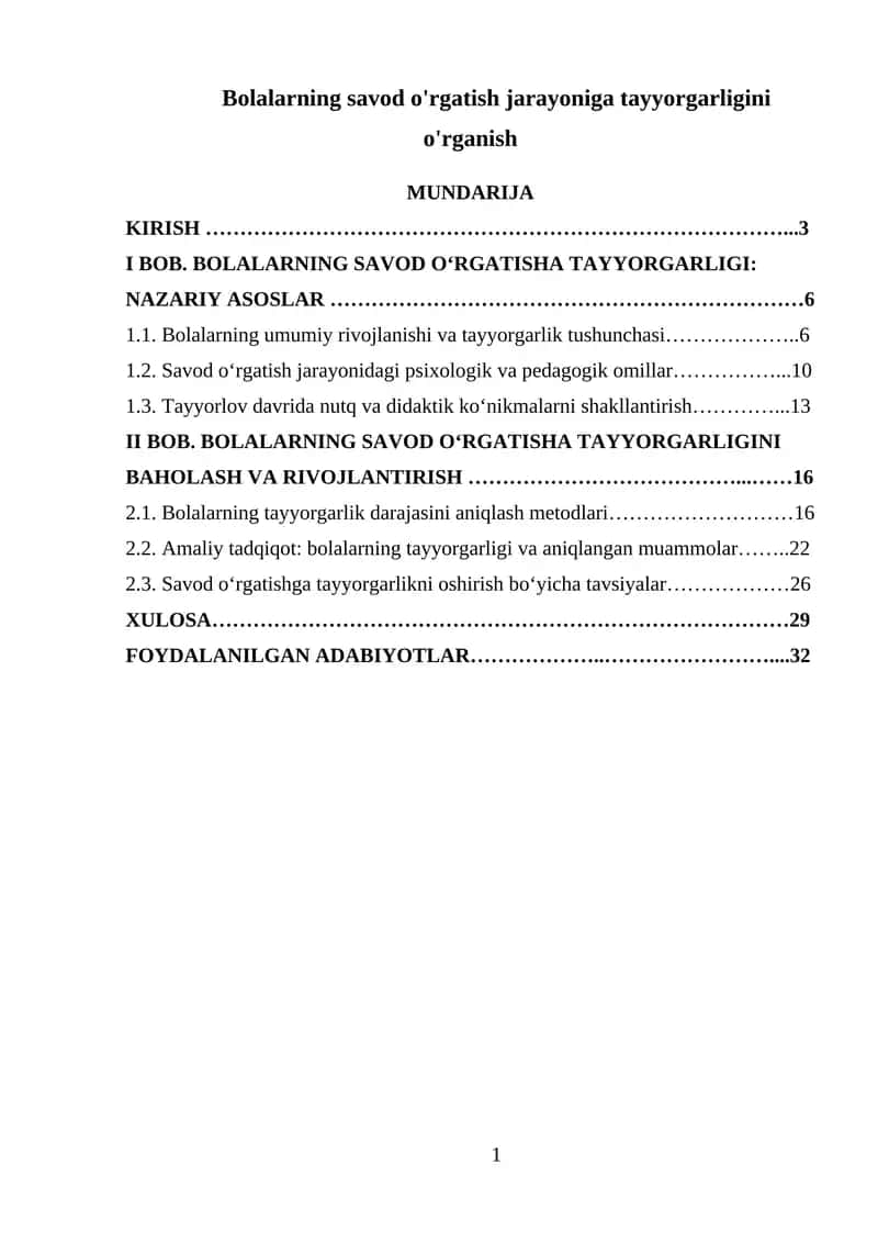 Bolalarning savod o'rganishga tayyorgarligi