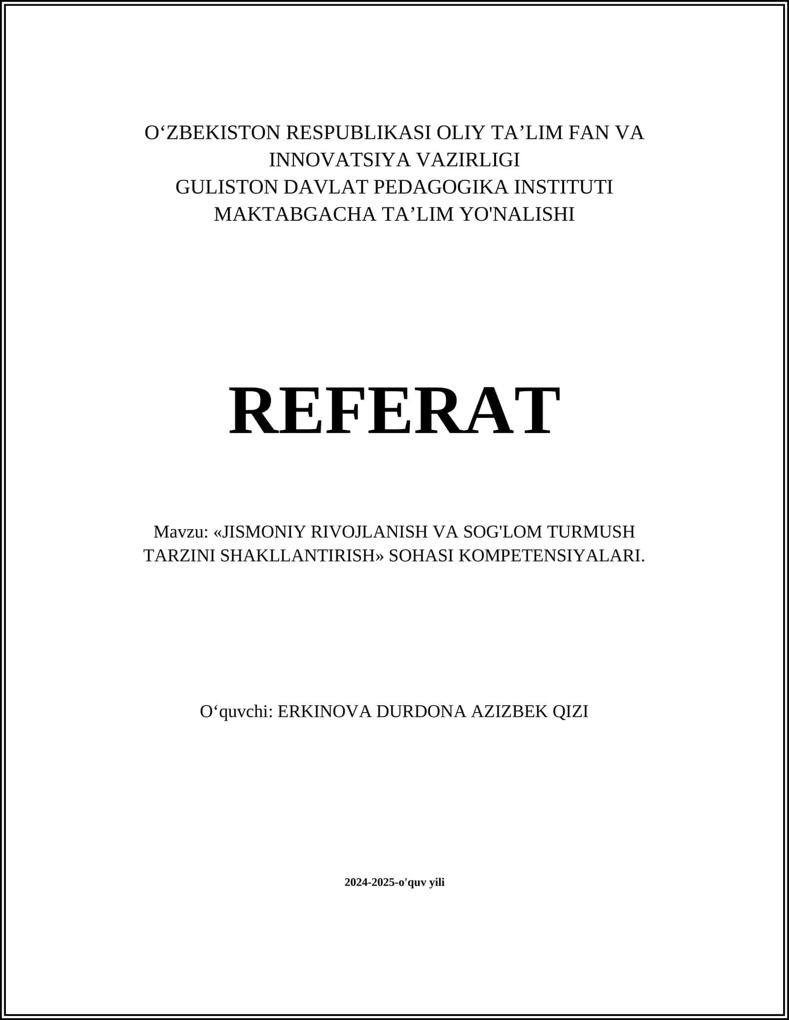 Jismoniy Rivojlanish va Sog'lom Turmush Tarzini Shakllantirish