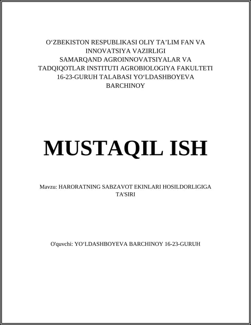 HARORATNING SABZAVOT EKINLARI HOSILDORLIGIGA TA'SIRI