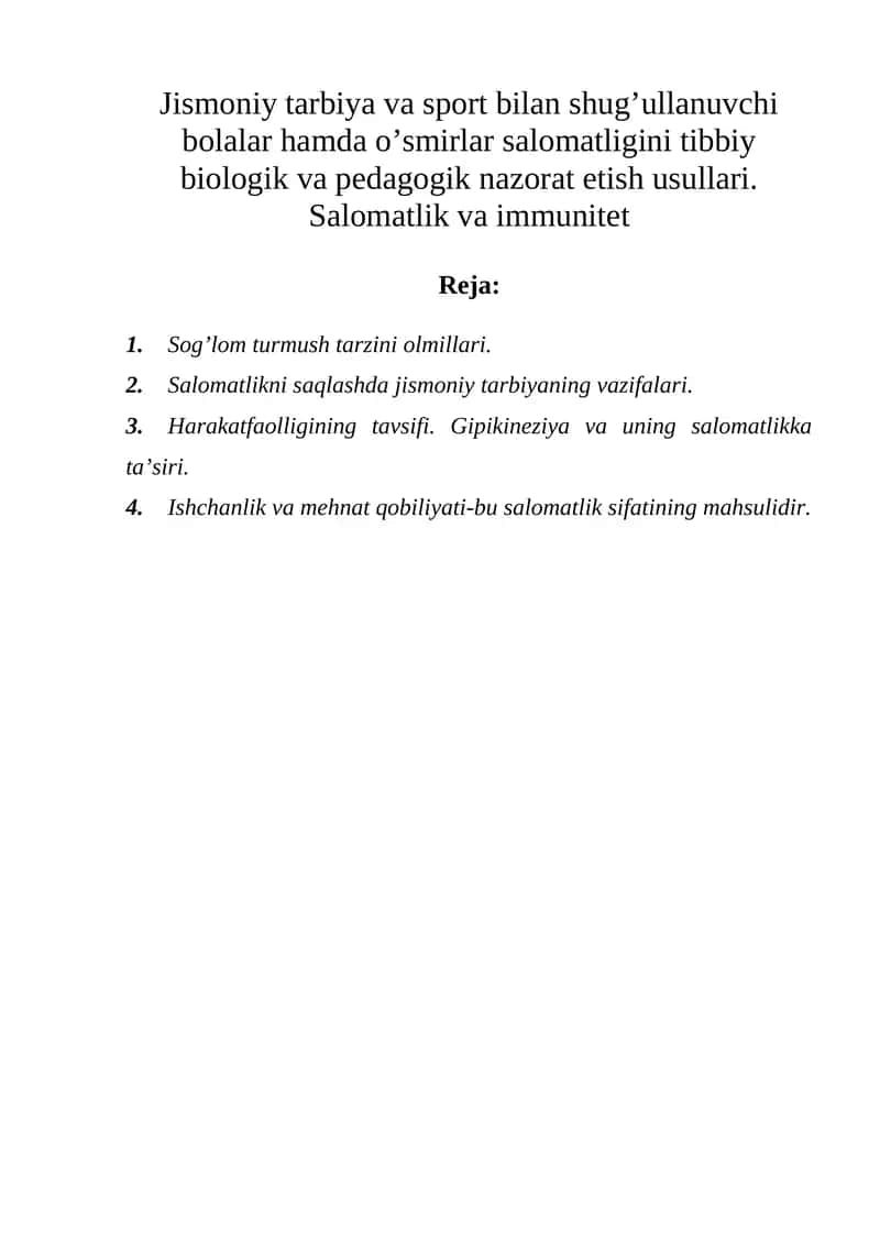 Jismoniy tarbiya va sportning salomatlikga o'z ta'siri