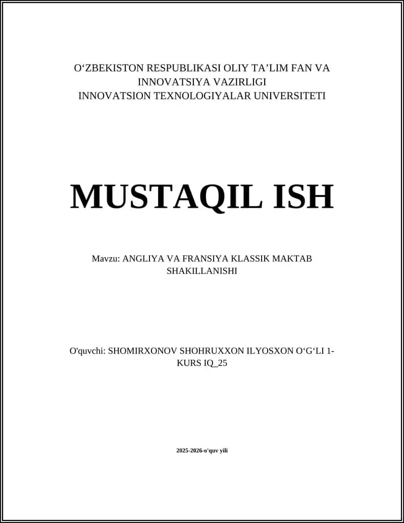ANGLIYA VA FRANSIYA KLASSIK MAKTAB SHAKILLANISHI