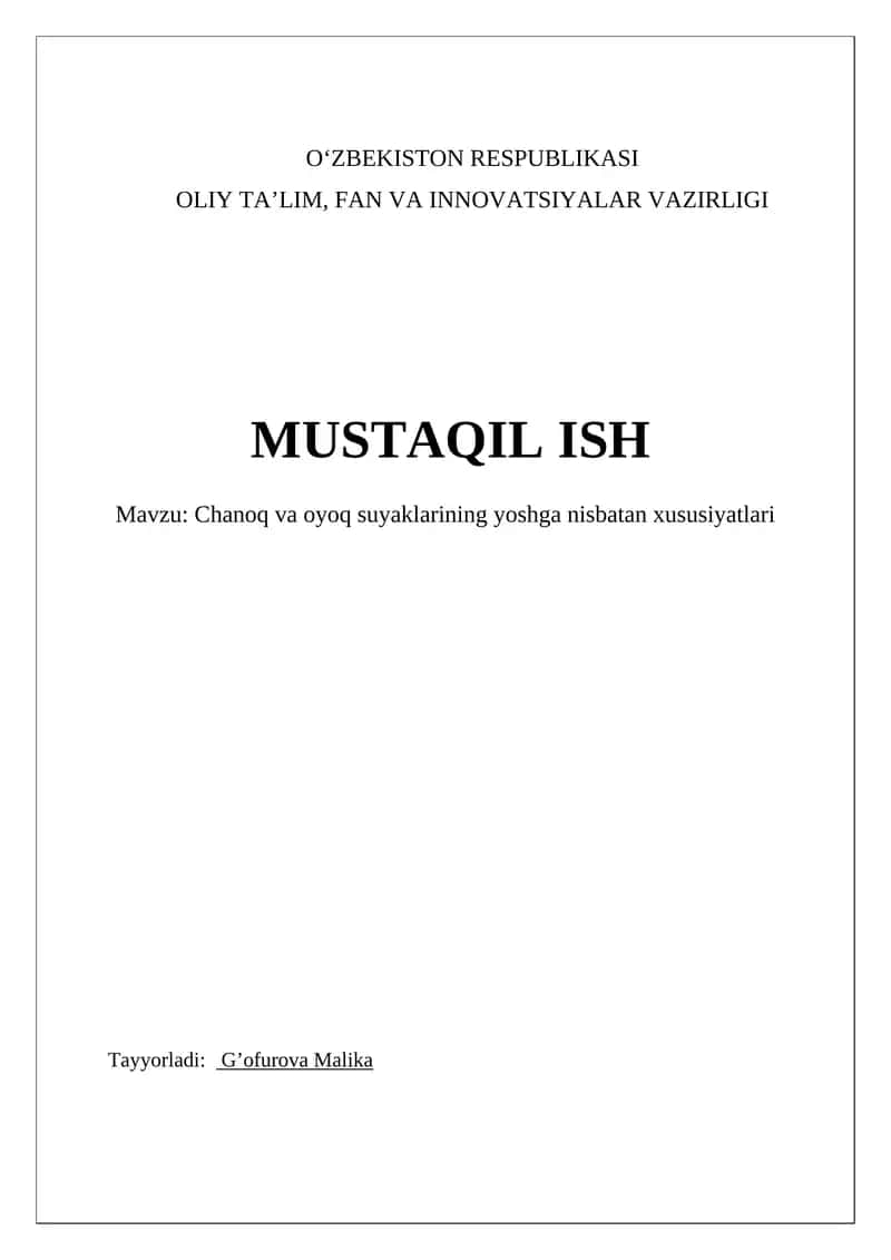 Chanoq va oyoq suyaklarining yoshga nisbatan xususiyatlari