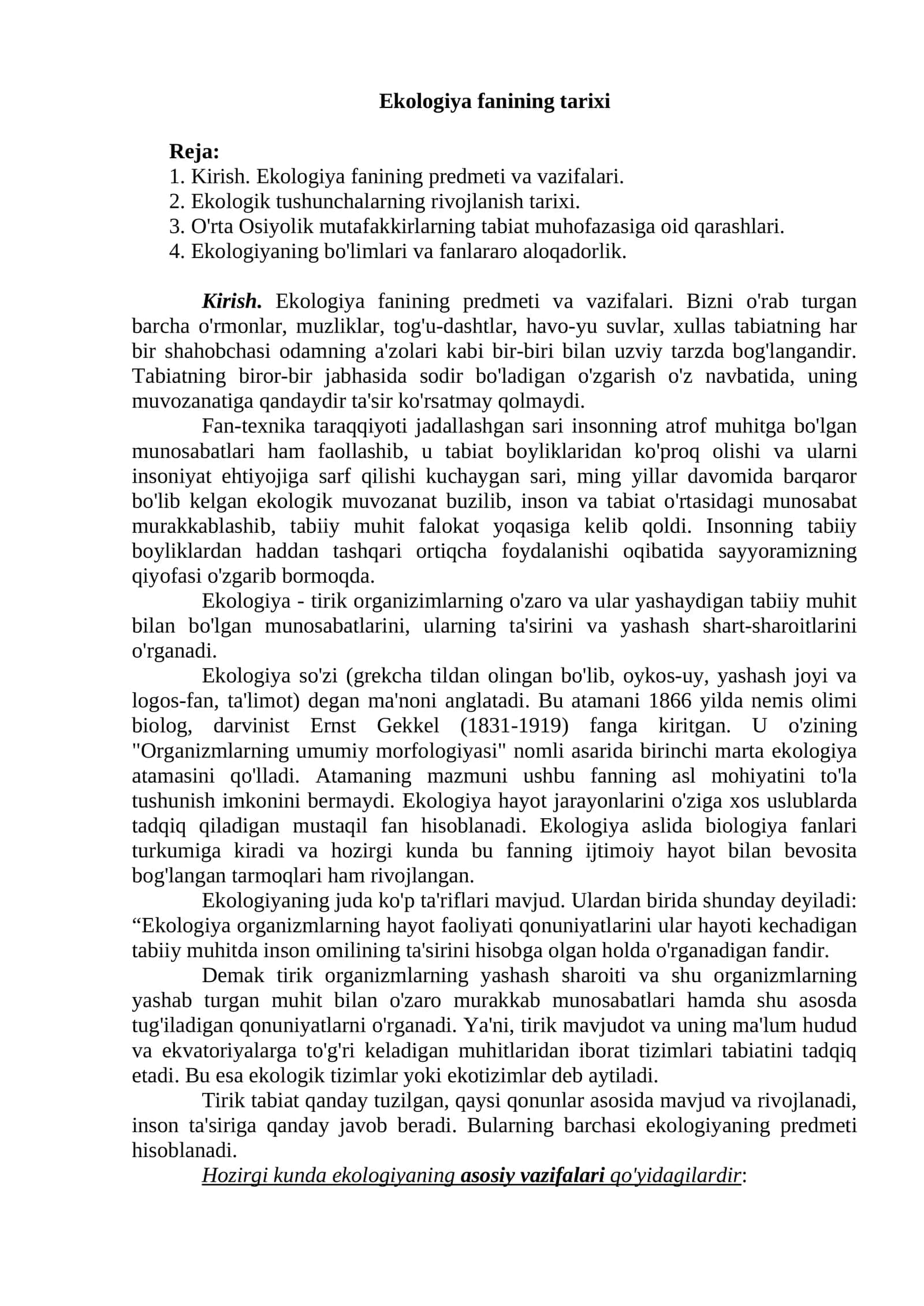 Ekologiya fanining tarixi