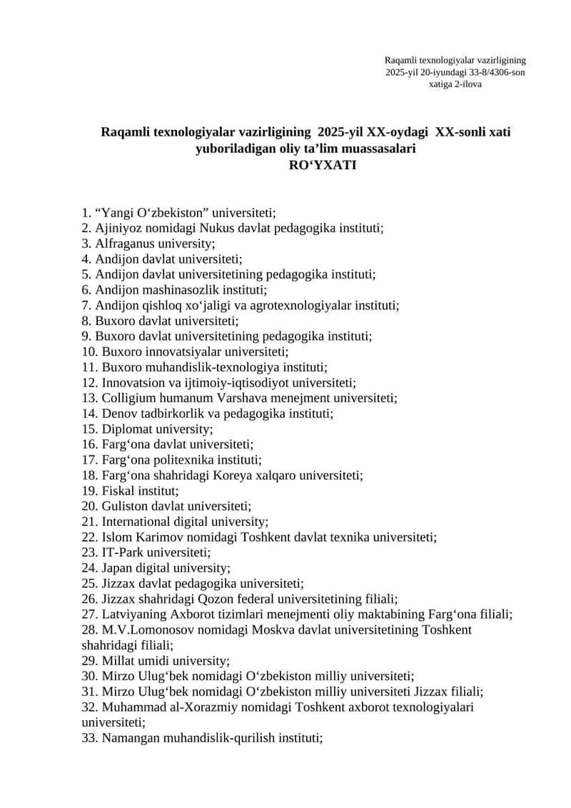 Raqamli texnologiyalar vazirligining 2025-yil XX-oydagi XX-sonli xati yuboriladigan oliy ta’lim muassasalari