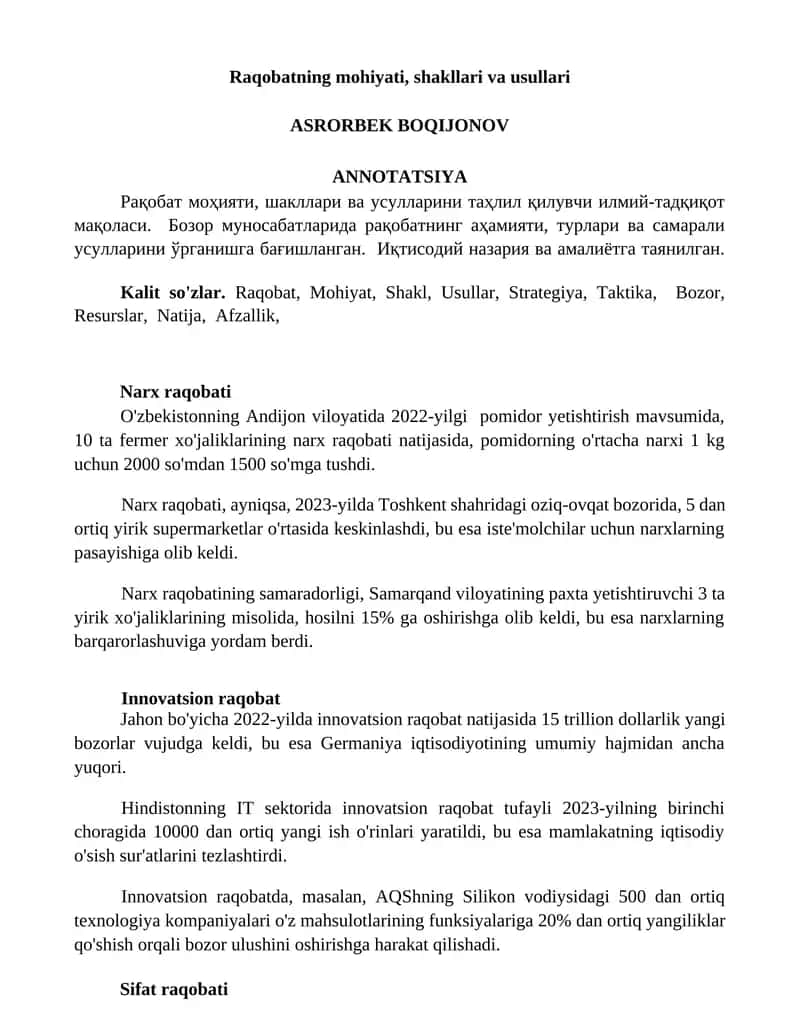 Raqobatning mohiyati, shakllari va usullari