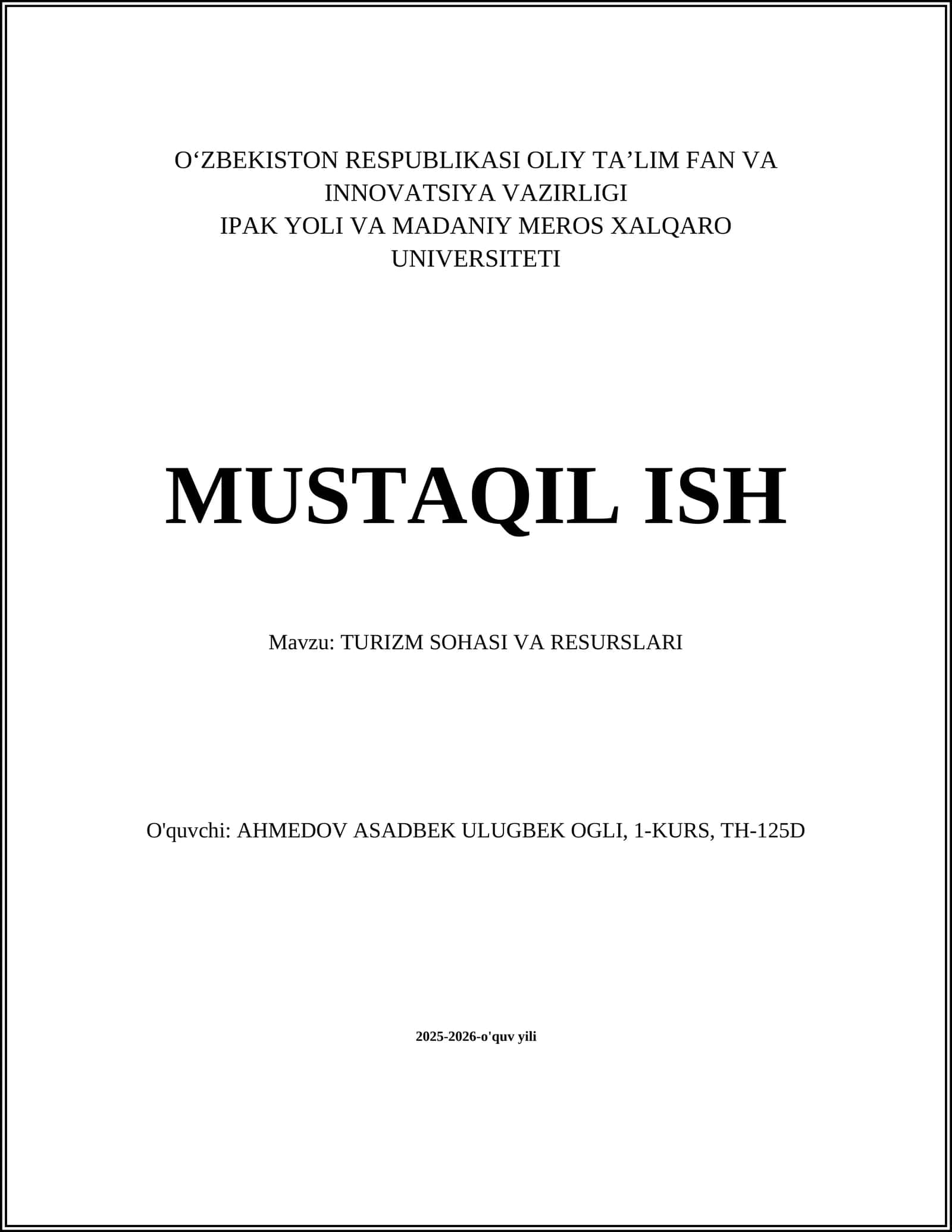 TURIZM SOHASI VA RESURSLARI