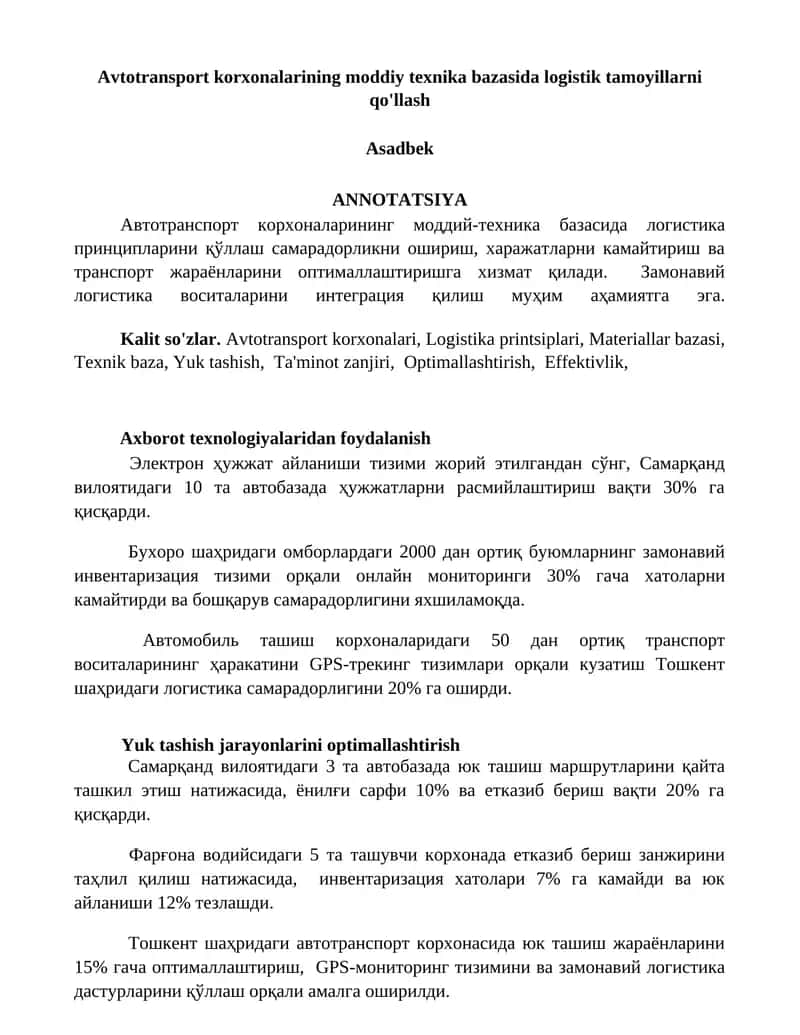 Avtotransport korxonalarining moddiy texnika bazasida logistik tamoyillarni qo'llash