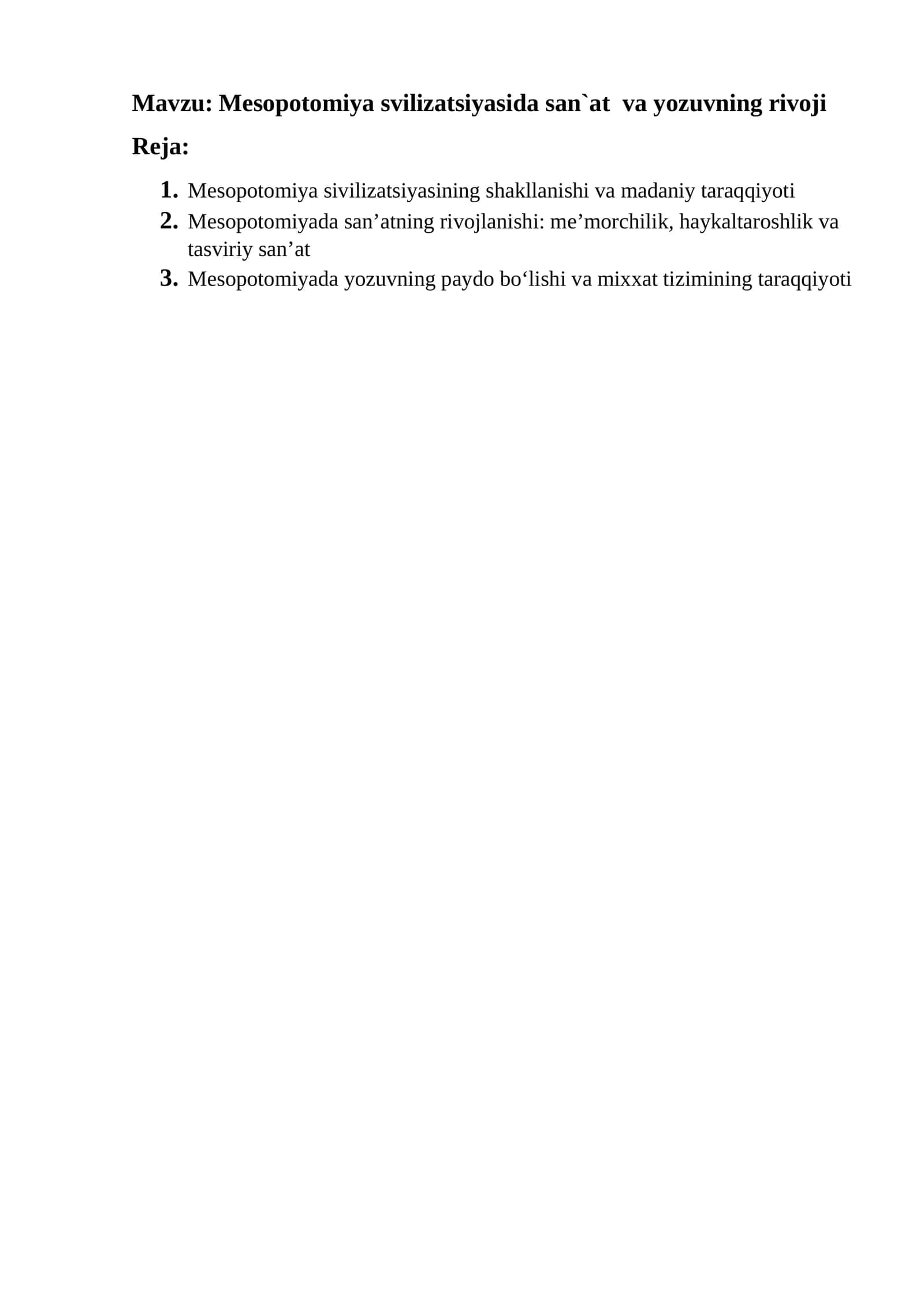 Mesopotomiya svilizatsiyasida san`at va yozuvning rivoji