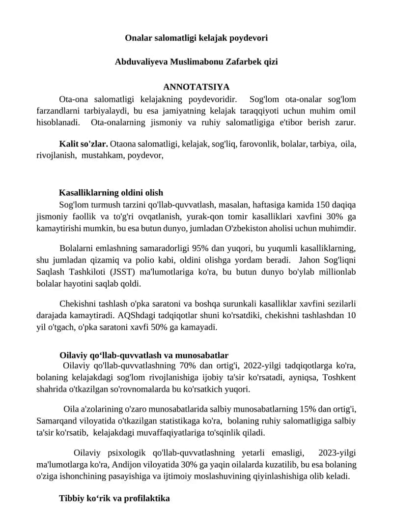 Onalar salomatligi kelajak poydevori