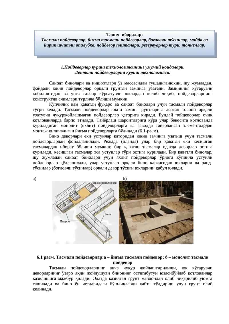 Пойдеворлар қуриш технологиясининг умумий қоидалари.