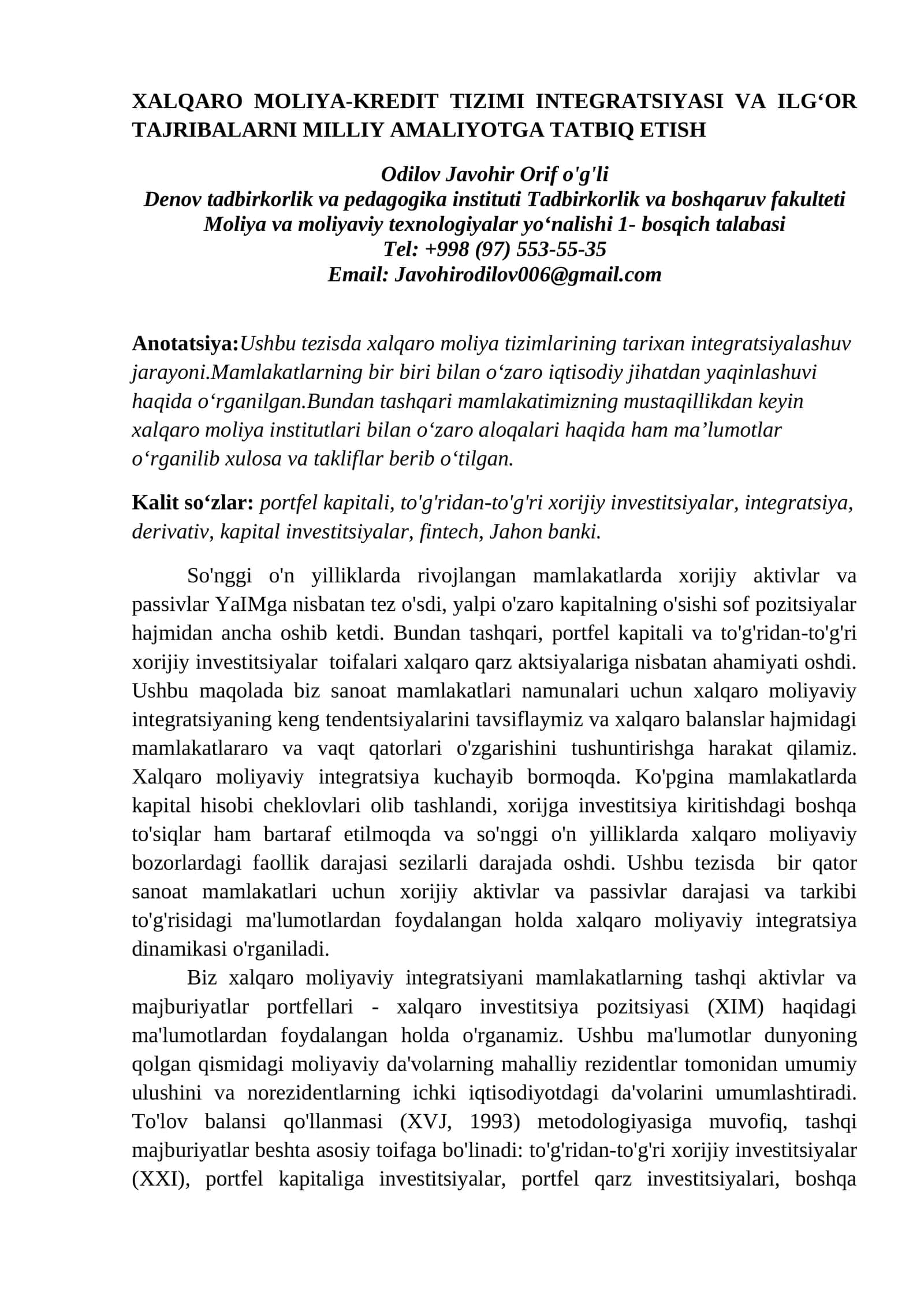 XALQARO MOLIYA-KREDIT TIZIMI INTEGRATSIYASI VA ILG‘OR TAJRIBALARNI MILLIY AMALIYOTGA TATBIQ ETISH