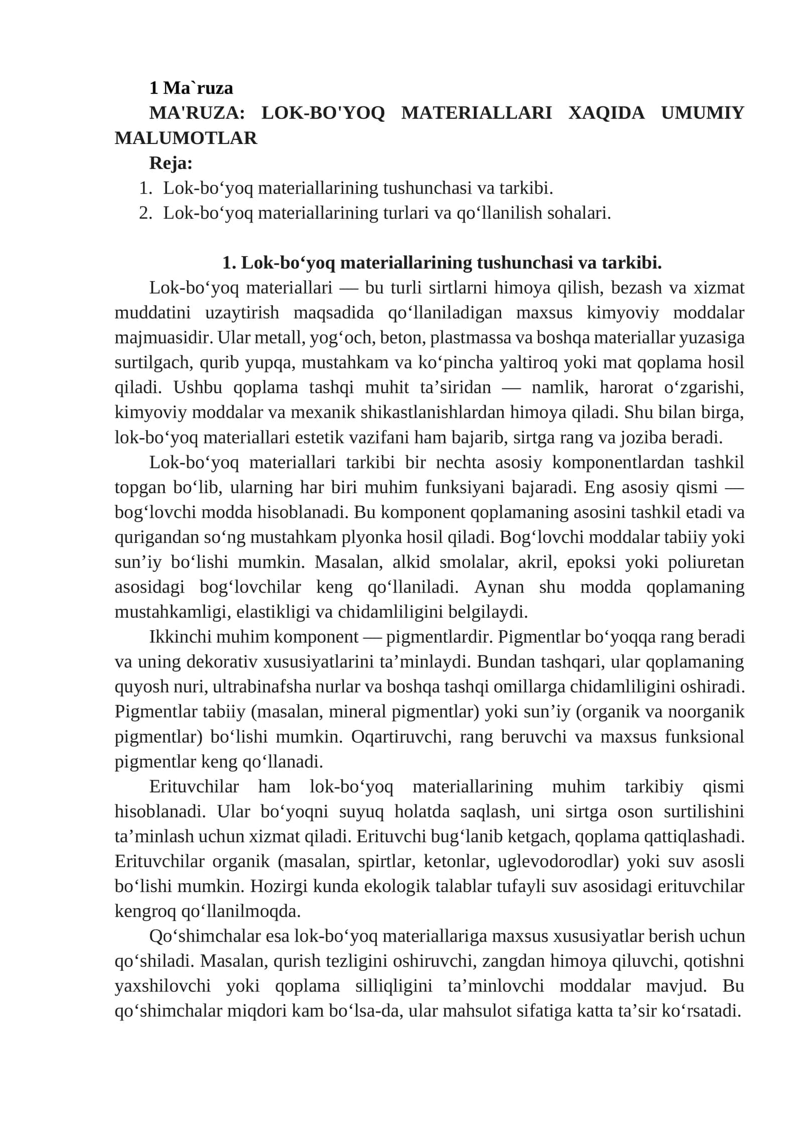 LOK-BO'YOQ MATERIALLARI XAQIDA UMUMIY MALUMOTLAR