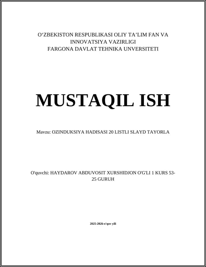 OZINDUKSIYA HADISASI 20 LISTLI SLAYD TAYORLA