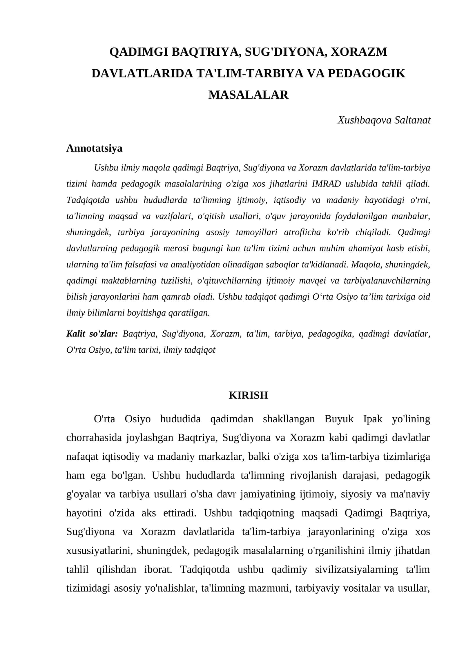QADIMGI BAQTRIYA, SUG'DIYONA, XORAZM DAVLATLARIDA TA'LIM-TARBIYA VA PEDAGOGIK MASALALAR