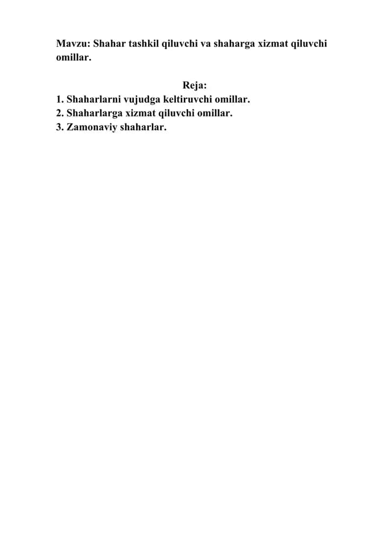Shaharlar geografiyasi. Mustaqil ish.