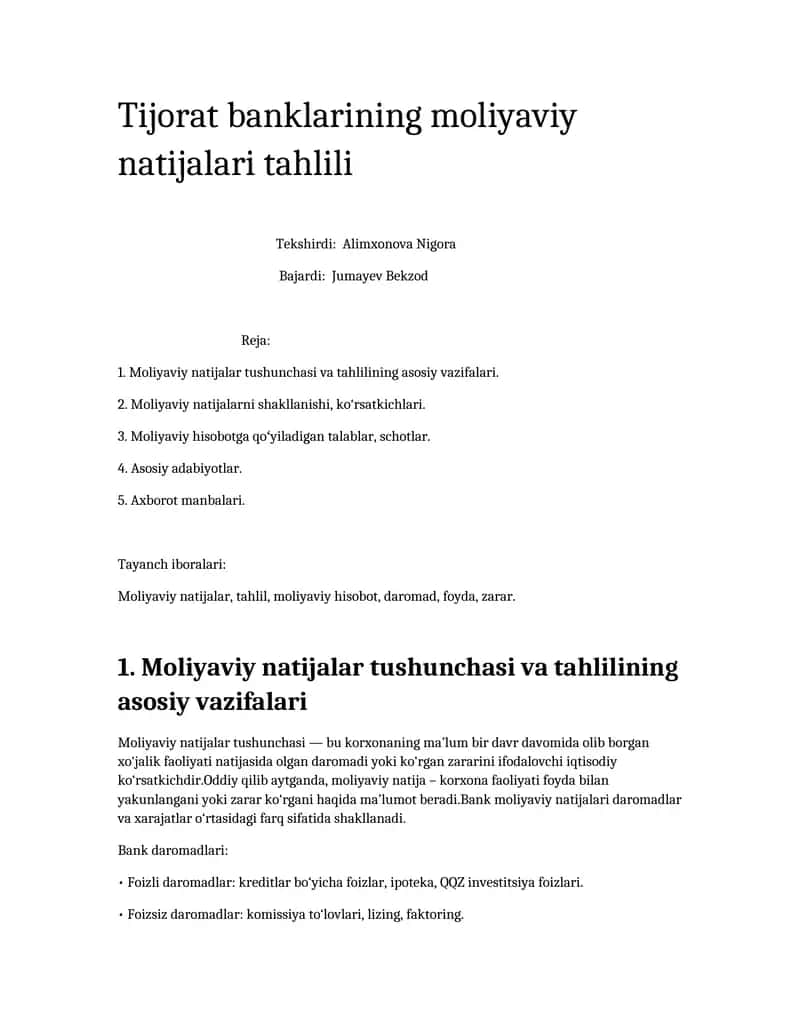 Tijorat banklarining moliyaviy natijalari tahlili