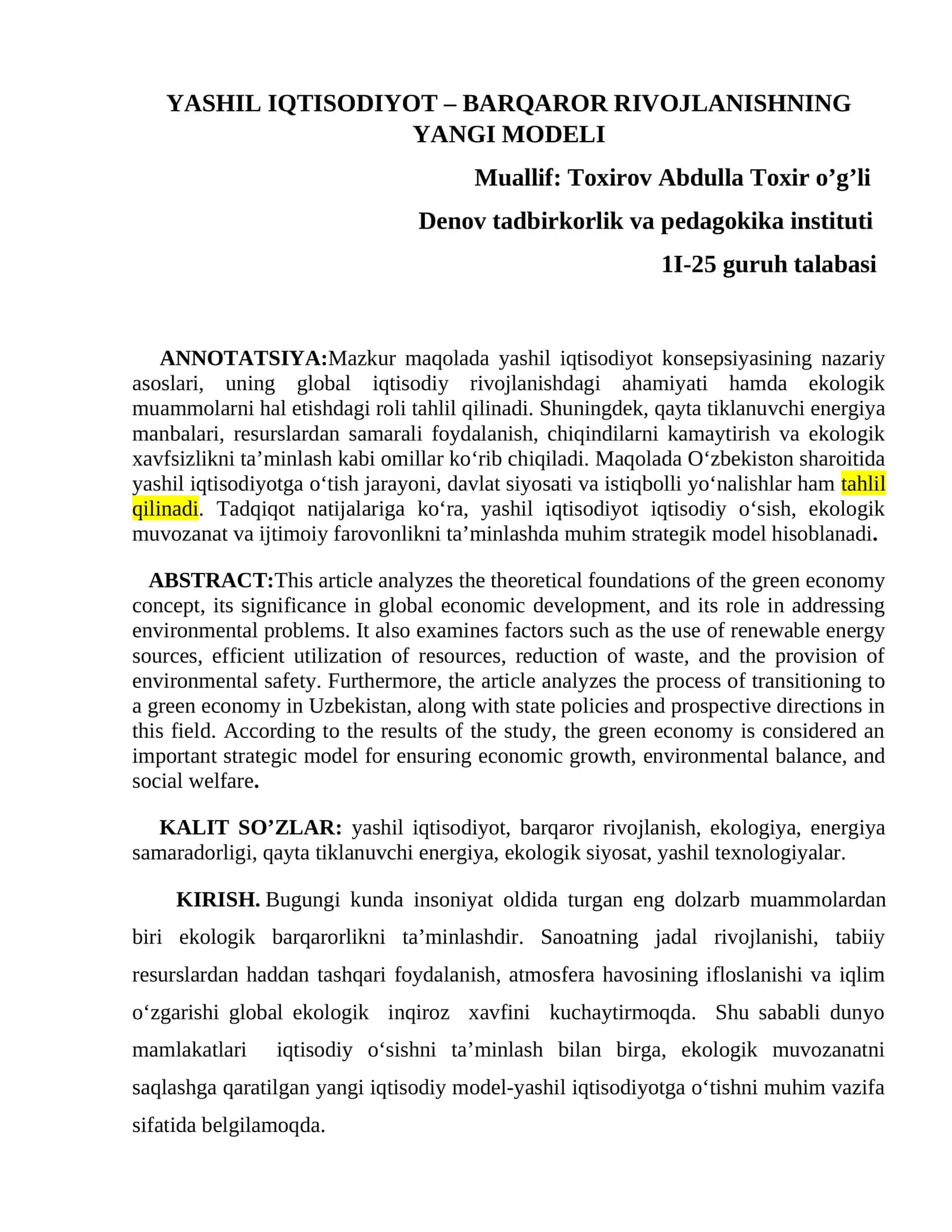 YASHIL IQTISODIYOT – BARQAROR RIVOJLANISHNING YANGI MODELI