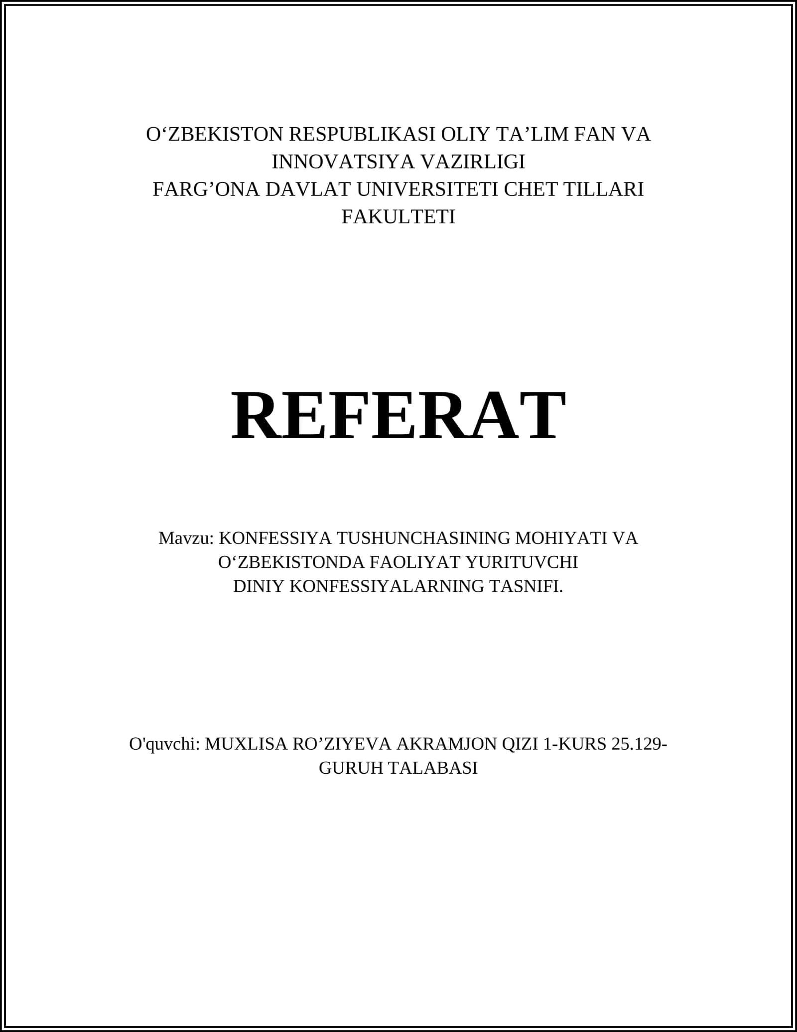 KONFESSIYA TUSHUNCHASINING MOHIYATI VA O‘ZBEKISTONDA FAOLIYAT YURITUVCHI