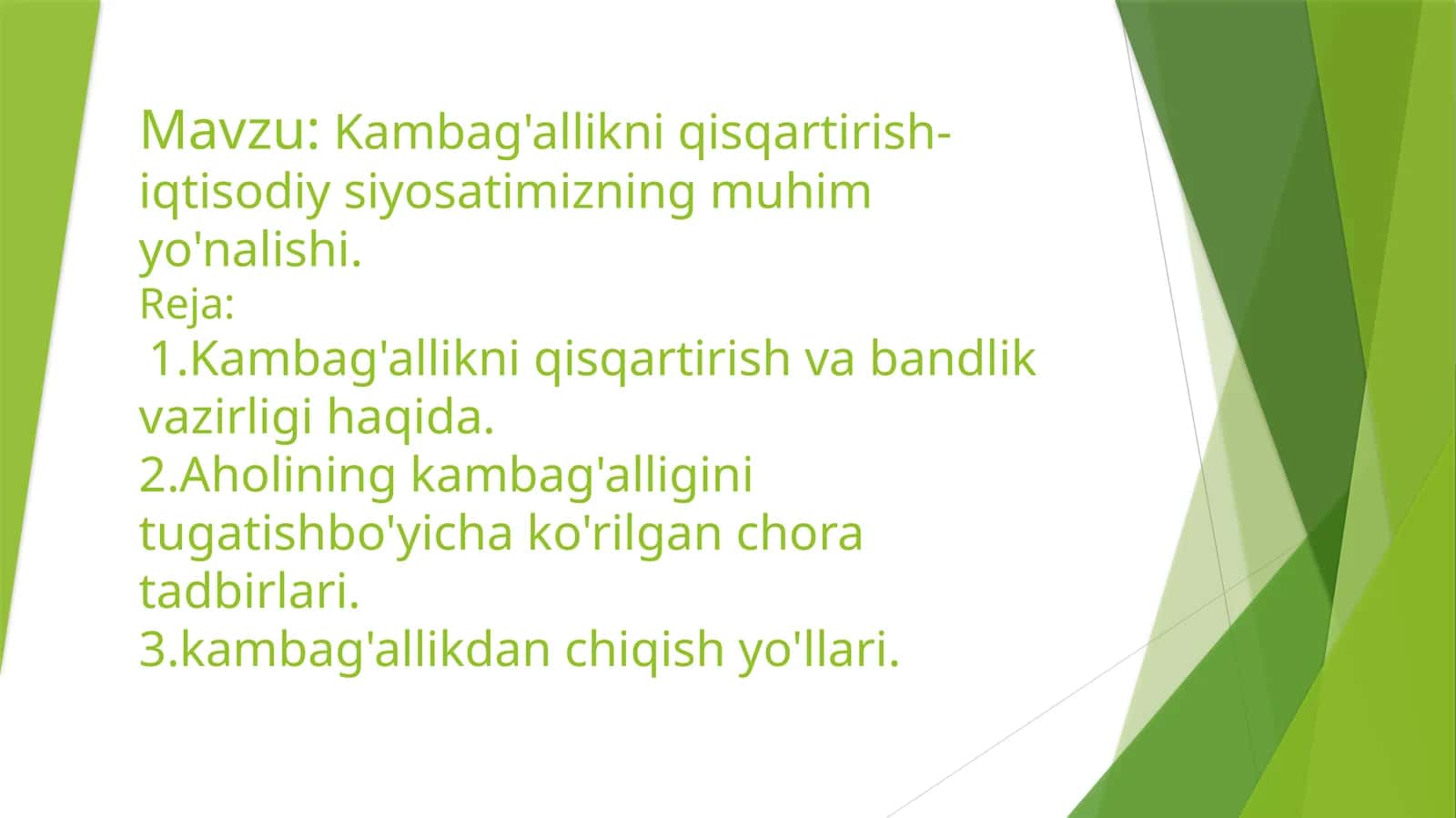 Kambag'allikni qisqartirish- iqtisodiy siyosatimizning muhim yo'nalishi